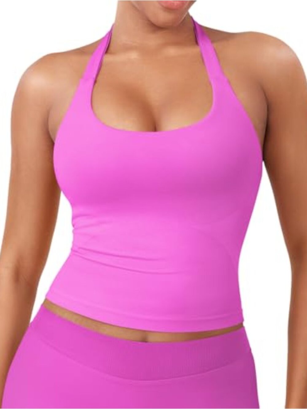 Women's Halter Tank Top with Built-in Bra, Longline Backless Crop, High Stretch